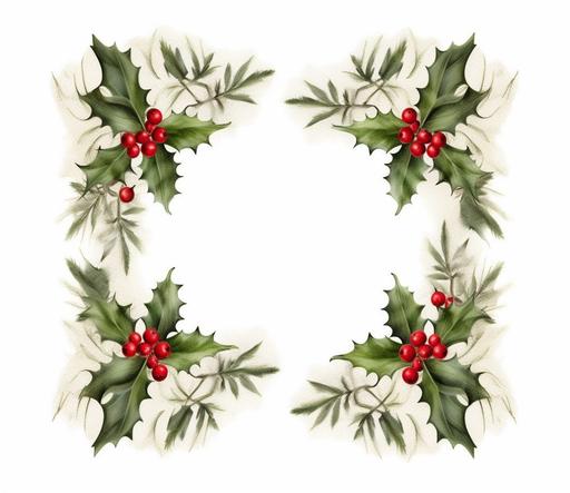 a decorative christmas themed frame, holly berry leaves and berries, blank interior, solid white background, digital art --ar 37:32 --v 5.1