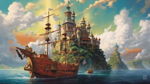 a decrepit pirate ship floating away from a huge fantasy castle meant for Cinderella, lush lands all around it, beautiful sunshine, cool clouds, slight rainbow in the distance, in the style of japanese folk art --ar 16:9