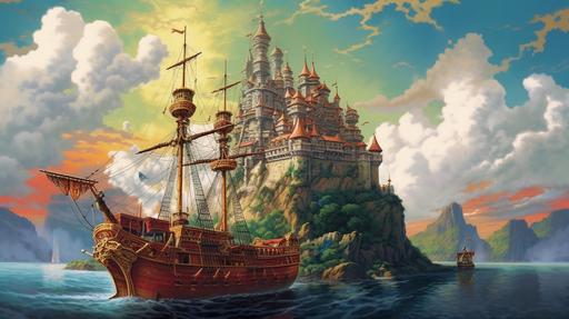 a decrepit pirate ship floating away from a huge fantasy castle meant for Cinderella, lush lands all around it, beautiful sunshine, cool clouds, slight rainbow in the distance, in the style of japanese folk art --ar 16:9