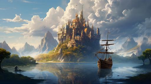 a decrepit pirate ship floating towards a huge fantasy castle meant for Cinderella, lush lands all around it, beautiful sunshine, cool clouds, discombobulate --ar 16:9