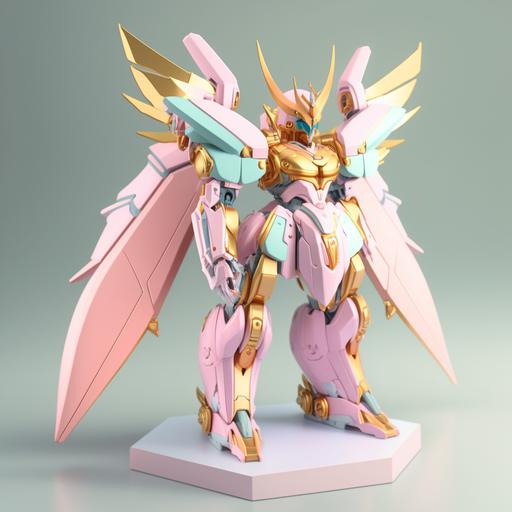 a delicate angelic gunpla with a sky blue to pink gradiant and burnished gold color scheme, 8k, unreal engine 5, 3d modeling, photo realistic, plastic model