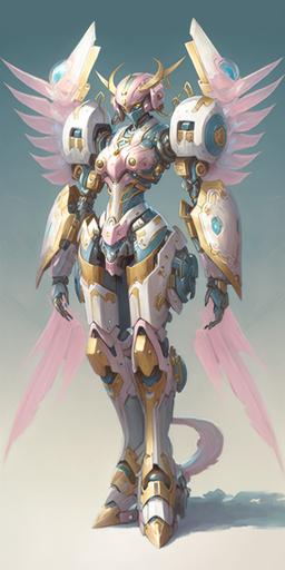 a delicate angelic mecha with a sky blue to pink gradiant and burnished gold color scheme, --ar 1:2