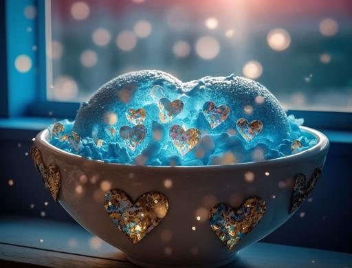 a delicious bowl of magical glowing sparkling ✨ shimmering ✨ blue heartcore 💙 ice cream topped with crystalline heart-shaped 💙 sprinkles, vintage ice cream parlor interior, gorgeous nostalgic food photography, natural lighting, bokeh, happy warm loving vibes --v 4 --ar 4:3 --c 50 --s 1000