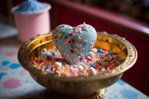 a delicious bowl of magical heartcore 💙✨ ice cream topped with crystalline heart-shaped 💙 sprinkles, vintage ice cream parlor interior, gorgeous nostalgic food photography, bokeh --v 4 --ar 3:2 --c 50 --s 1000