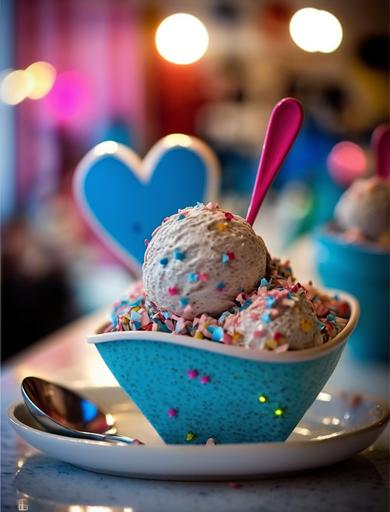 a delicious bowl of magical heartcore 💙✨ ice cream topped with crystalline heart-shaped 💙 sprinkles, vintage ice cream parlor interior, gorgeous nostalgic food photography, bokeh --v 4 --ar 3:4 --c 50 --s 1000
