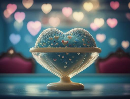 a delicious bowl of magical heartcore 💙✨ ice cream topped with crystalline heart-shaped 💙 sprinkles, vintage ice cream parlor interior, gorgeous nostalgic food photography, bokeh --v 4 --ar 4:3 --c 50 --s 1000