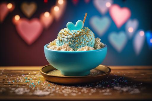a delicious bowl of magical heartcore 💙✨ ice cream topped with crystalline heart-shaped 💙 sprinkles, vintage ice cream parlor interior, gorgeous nostalgic food photography, bokeh --v 4 --ar 3:2 --c 50 --s 1000