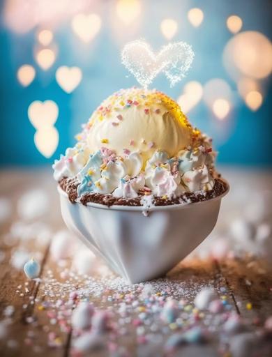 a delicious bowl of magical heartcore 💙✨ ice cream topped with crystalline heart-shaped 💙 sprinkles, vintage ice cream parlor interior, gorgeous nostalgic food photography, bokeh --v 4 --ar 3:4 --c 50 --s 1000