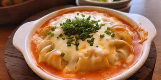 a delicious dish of Rondelli. Cheese, cottage cheese, red sauce, white sauce and green smell. Use this image as a reference  --ar 18:9 --v 5 --q 2 --s 750