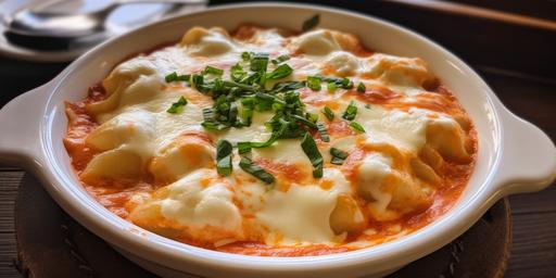 a delicious dish of Rondelli. Cheese, cottage cheese, red sauce, white sauce and green smell. Golden hour. Evocative. Use this image as a reference  --ar 18:9 --v 5 --q 2 --s 750