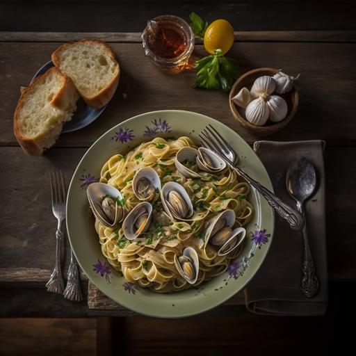 a delicious plate of pasta alla vongole plate with some clams on a wood table with 2 saint-jack clam