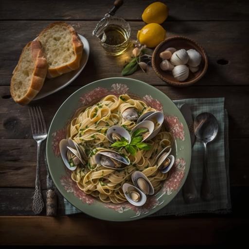 a delicious plate of pasta alla vongole plate with some clams on a wood table with 2 saint-jack clam