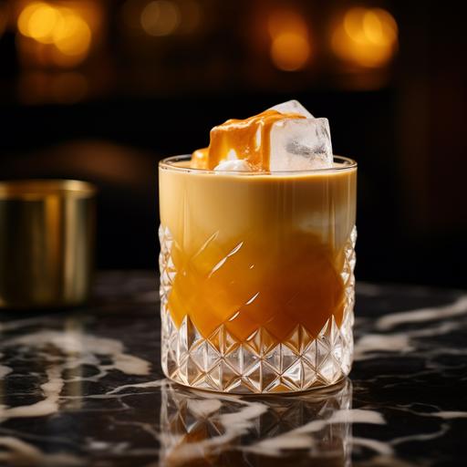 a delicous salted caramel cream liquor cocktail in a crystal rocks glass with orange twist garnish in a high end hotel bar