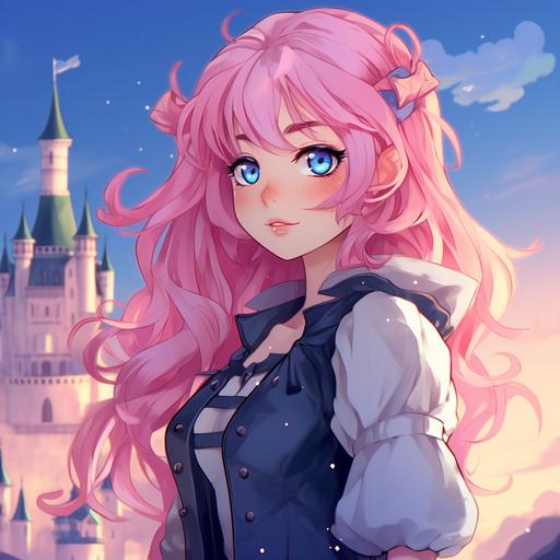 a demihuman anime character with pink hair and fluffy ears wearing a skirt and sailor top purple galaxy eyes with a castle background