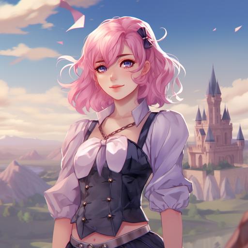 a demihuman anime character with pink hair and fluffy ears wearing a skirt and sailor top purple galaxy eyes with a castle background