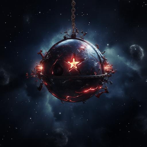 a demonic circus ball with a star insignia rolling across the depths of space. Spooky. Creepy. Space.