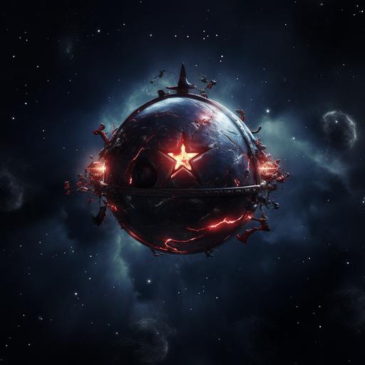 a demonic circus ball with a star insignia rolling across the depths of space. Spooky. Creepy. Space.