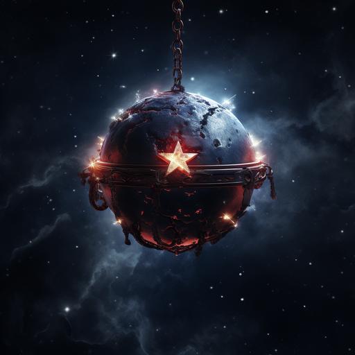 a demonic circus ball with a star insignia rolling across the depths of space. Spooky. Creepy. Space.