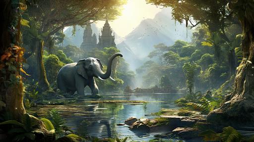 a dense south indian jungle with a elephant in the middle of a pond center of the jugle --ar 16:9