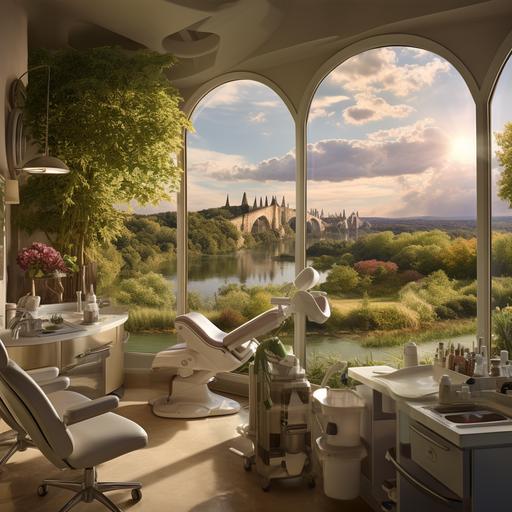 a dental office in a heavenly landscape surrounded by angles and rivers of wine and apple trees. hyper-realistic photography. highly detailed. --v 5.2