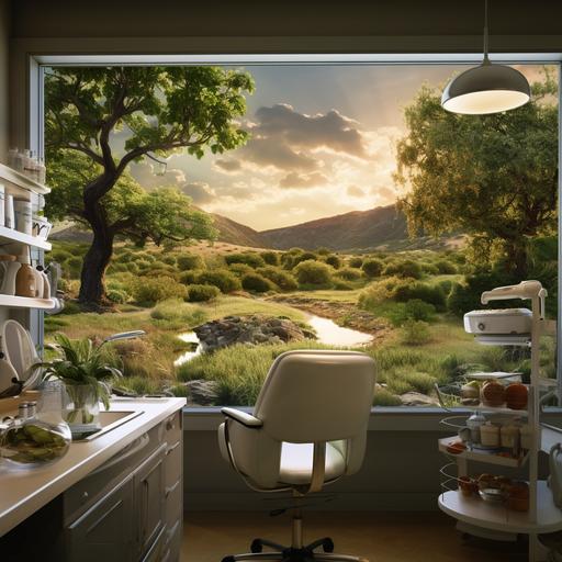 a dental office in a heavenly landscape surrounded by angles and rivers of wine and apple trees. hyper-realistic photography. highly detailed. --v 5.2