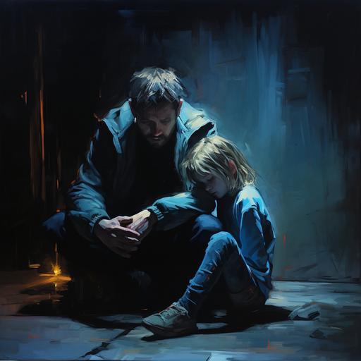 a depressed man sitting on floor leaning against wall with blond child between his arms - a4 size in poster style. painitng. lot of darkness and blue light