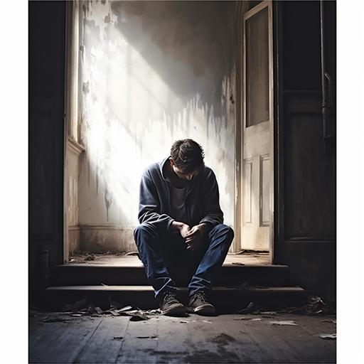 a depressed man sitting on floor leaning against wall - a4 size in poster style