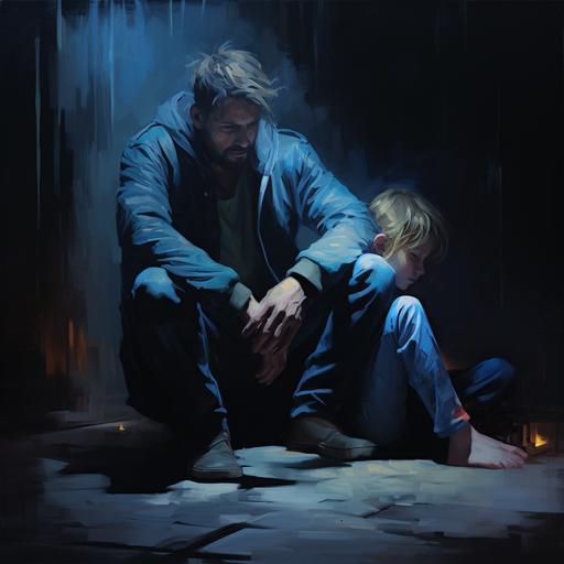 a depressed man sitting on floor leaning against wall with blond child between his arms - a4 size in poster style. painitng. lot of darkness and blue light