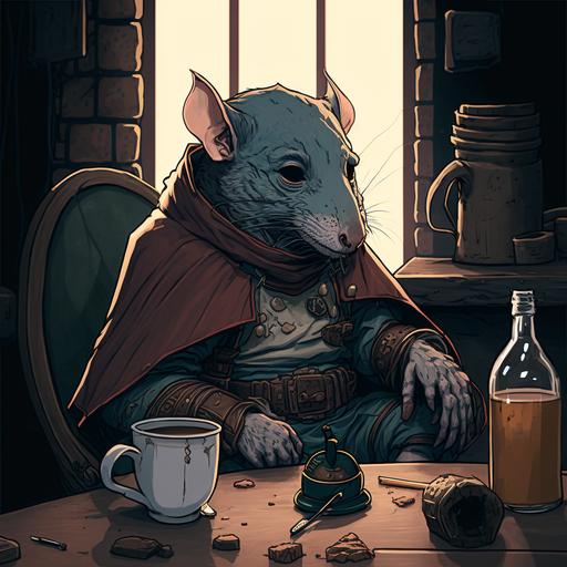 a depressed rat knight with a big scar under his right eye sitting in a fantasy dnd tavern, clearly the old rat is a veteran of many battles, he is looking inside his mug wondering if it was all worth it and if he will see his friends agian, his cloak has seen better days and he has the dust of travel on him. some other patrons are looking his directions but leave him be, oil painting, dnd, magic the gathering, highly detailed,