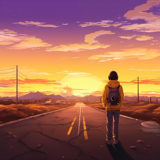 a desert scene with two roads crossing at an intersection, a 4-way intersection of roads, with a man facing away from the camera and wearing headphones listening to music and wearing a hoodies, yellow sunrise, yellow sunset, japanese anime style, cartoon, animation, 4K
