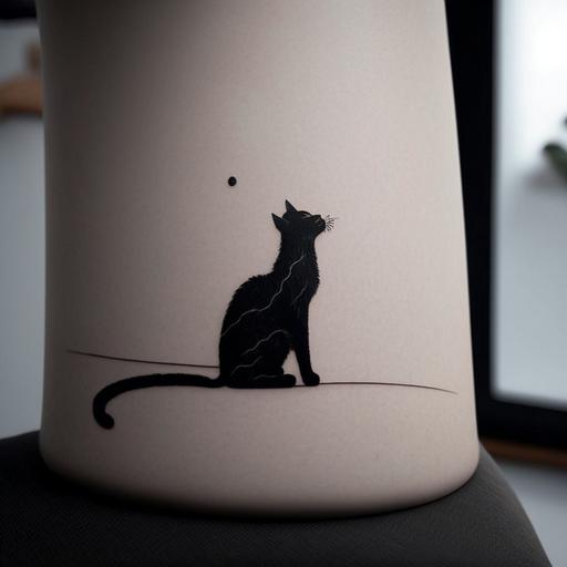 a design with tiny line tattoo with minimalist black cat sit down looking up