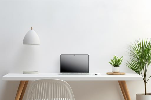 a desktop mockup with laptop, chair and vase, in the style of minimalism tendencies, captivating lighting, minimalist: spare simplicity, the aesthetic movement, 32k uhd, intricate minimalism, japanese minimalism --ar 3:2