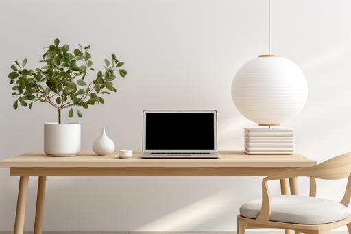 a desktop mockup with laptop, chair and vase, in the style of minimalism tendencies, captivating lighting, minimalist: spare simplicity, the aesthetic movement, 32k uhd, intricate minimalism, japanese minimalism --ar 3:2