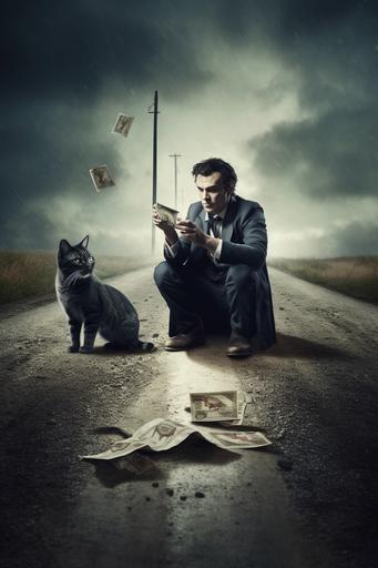 a desperate man at the crossroads, signing a deal with the devil, but paying it with a cat tax --ar 2:3 --q 2 --s 750 --v 5