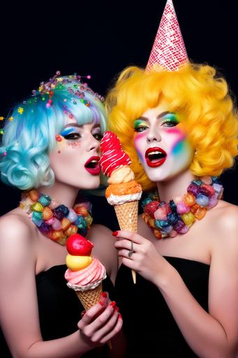 a detailed hyper realistic photo portrait of two posh ladies wearing clown wigs and dresses made from multi color baubles while laughing and eating ice cream cones --v 5.0 --stylize 70 --weird 99 --ar 2:3