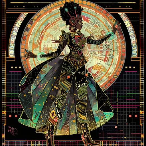 a detailed illustration of a full-body radiant cyborg cyberpunk afrofairy goddess in art deco clothing 1960s Twilight Zone Outer Limits concept afrofuturistically. --v 6.0