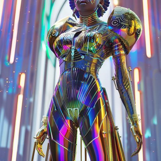 a detailed illustration of a full-body radiant cyborg cyberpunk afrofairy goddess in art deco clothing 1960s Twilight Zone Outer Limits concept afrofuturistically. --v 6.0