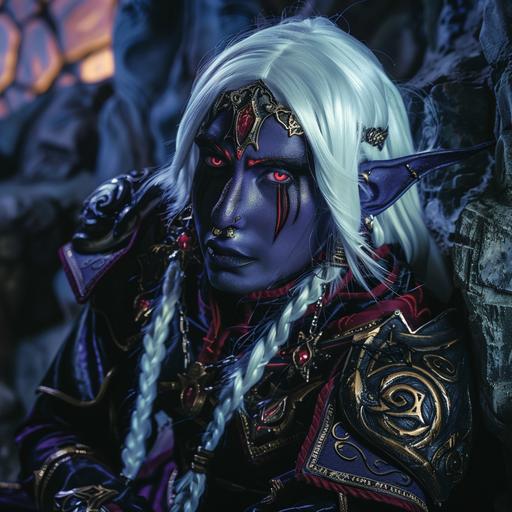 a detailed photo of a drow elf wearing decorative medieval adventuring gear. The drow has white hair, purple-black skin and red eyes. The drow poses dramatically with a sly smirk. The background is a magical underground cavern. Dramatic lighting. --v 6.0
