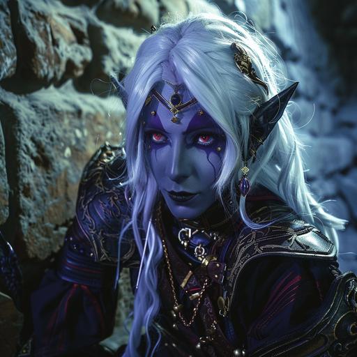 a detailed photo of a drow elf wearing decorative medieval adventuring gear. The drow has white hair, purple-black skin and red eyes. The drow poses dramatically with a sly smirk. The background is a magical underground cavern. Dramatic lighting. --v 6.0
