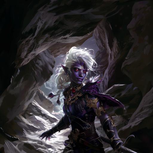 a detailed photo of a drow elf wearing decorative adventuring gear. The drow has white hair, purple-black skin and red eyes. The drow poses dramatically with with a sky smirk. The background is a magical underground cavern. Dramatic lighting. --v 6.0