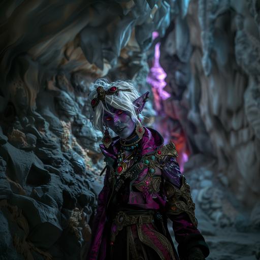 a detailed photo of a drow elf wearing decorative adventuring gear. The drow has white hair, purple-black skin and red eyes. The drow poses dramatically with with a sky smirk. The background is a magical underground cavern. Dramatic lighting.