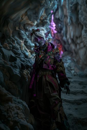 a detailed photo of a drow elf wearing decorative adventuring gear. The drow has white hair, purple-black skin and red eyes. The drow poses dramatically with with a sky smirk. The background is a magical underground cavern. Dramatic lighting. --ar 2:3