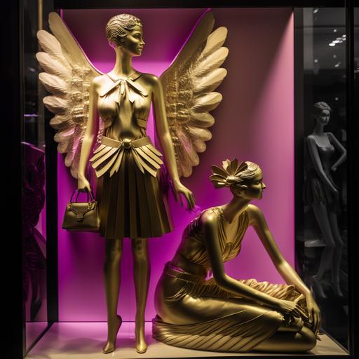a detailed retail window display. The mannequin is made of brass gold, and is wearing an haute couture dress, embelished in gold. There is pink lighting overhead. The background is black and white. The mannequin is holding a hot pink bag, and is posed in an avant garde manner. The mannequin has wings.