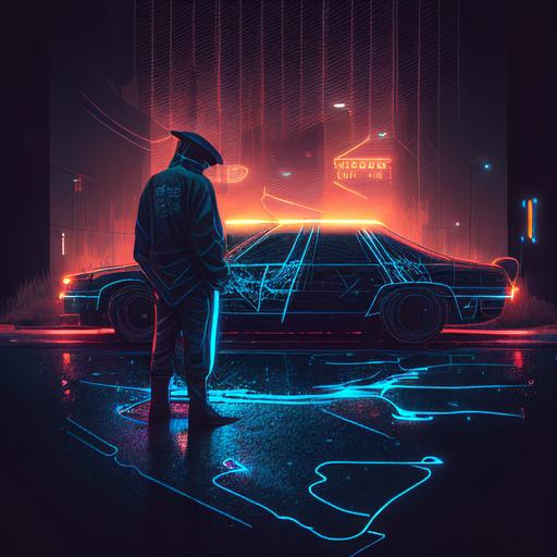 a detective investigating a crime scene with chalk outline of a body with police cars and warning tapes in the surroundings .cyberpunk style
