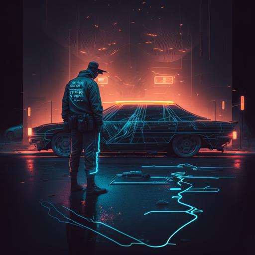 a detective investigating a crime scene with chalk outline of a body with police cars and warning tapes in the surroundings .cyberpunk style