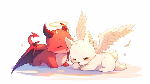 a devil puppy and an angel puppy, kawaii, white background --niji 6 --ar 16:9
