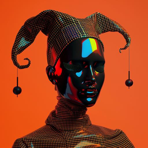 a digital avatar, in jester hat, with blacked-out face