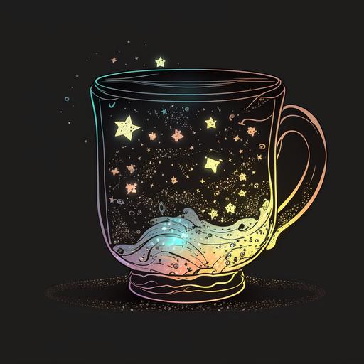 a digital illustration of a magical mug cup with sparkles, 4k, black outlined, no background, vector icon, high quality, drawn in manga style, very cute