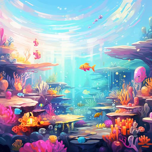 a digital painting of a beautiful and crystal clear sea world with lighthearted mermaids, fish and colorful corals, cartoon abstraction, elements of neo fauvist, bright colors, heartwarming novel illustration, ultra high definition, 4k --c 33