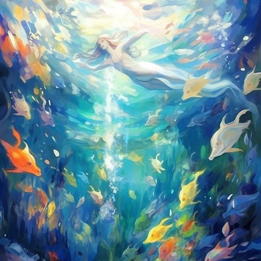 a digital painting of a beautiful and crystal clear sea world with lighthearted mermaids, fish and colorful corals, cartoon abstraction, elements of neo fauvist, bright colors, heartwarming novel illustration, ultra high definition, 4k --c 33